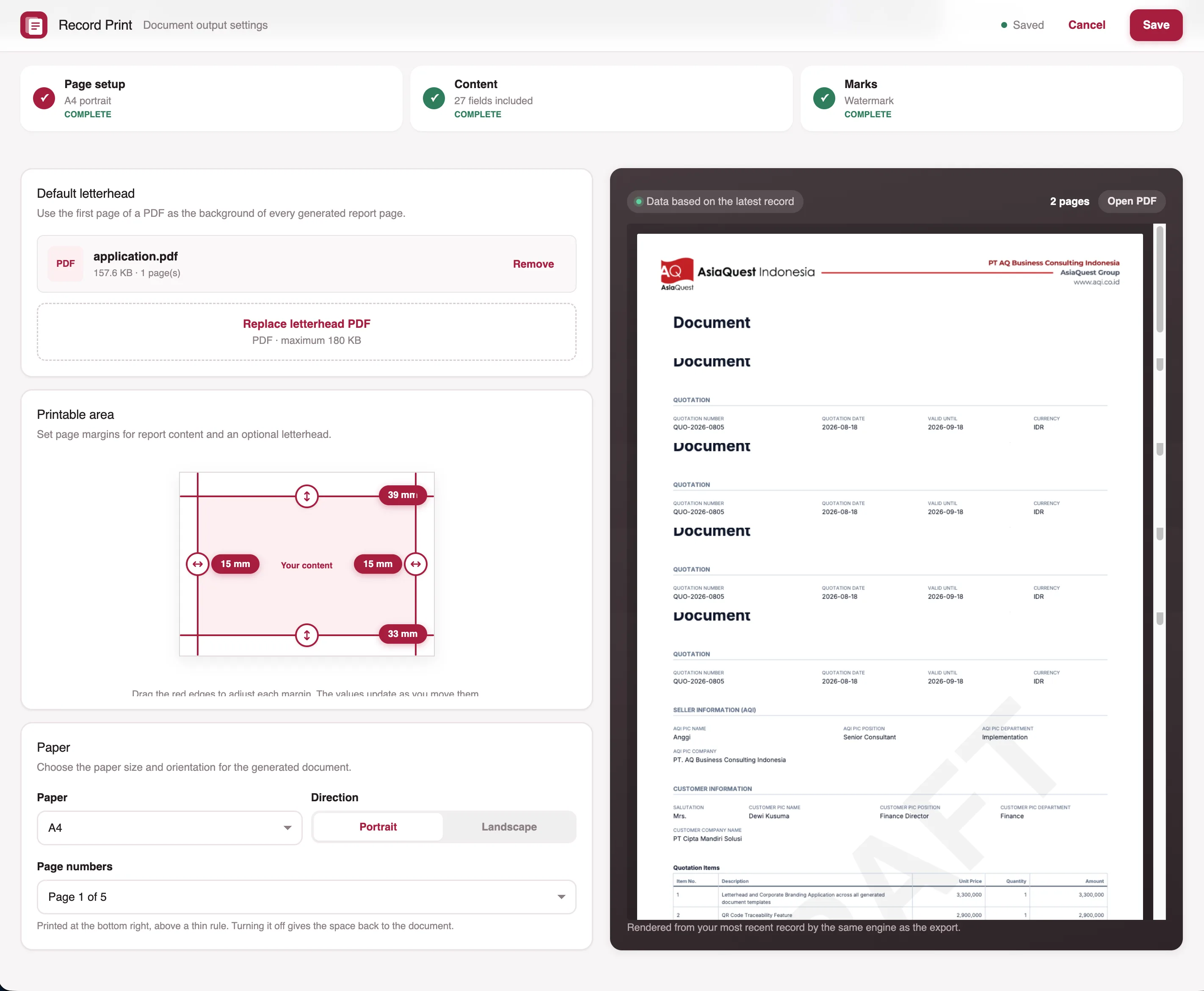 Record Print settings screen with default letterhead, printable area and paper options next to the live PDF preview