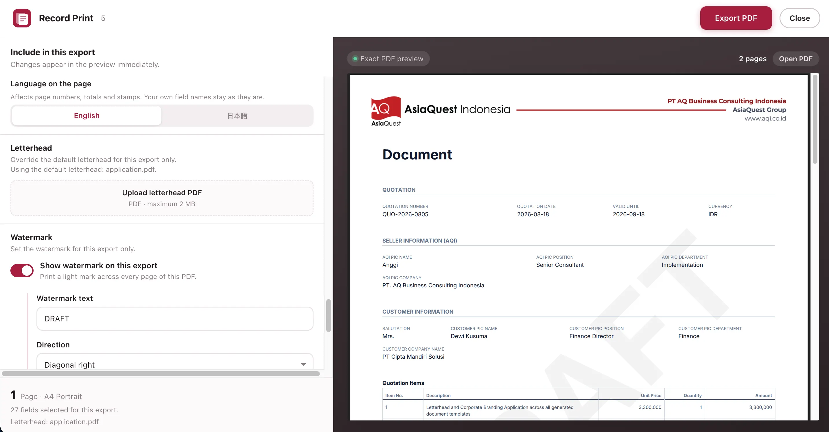 Include in this export panel with watermark controls next to an exact PDF preview of a quotation