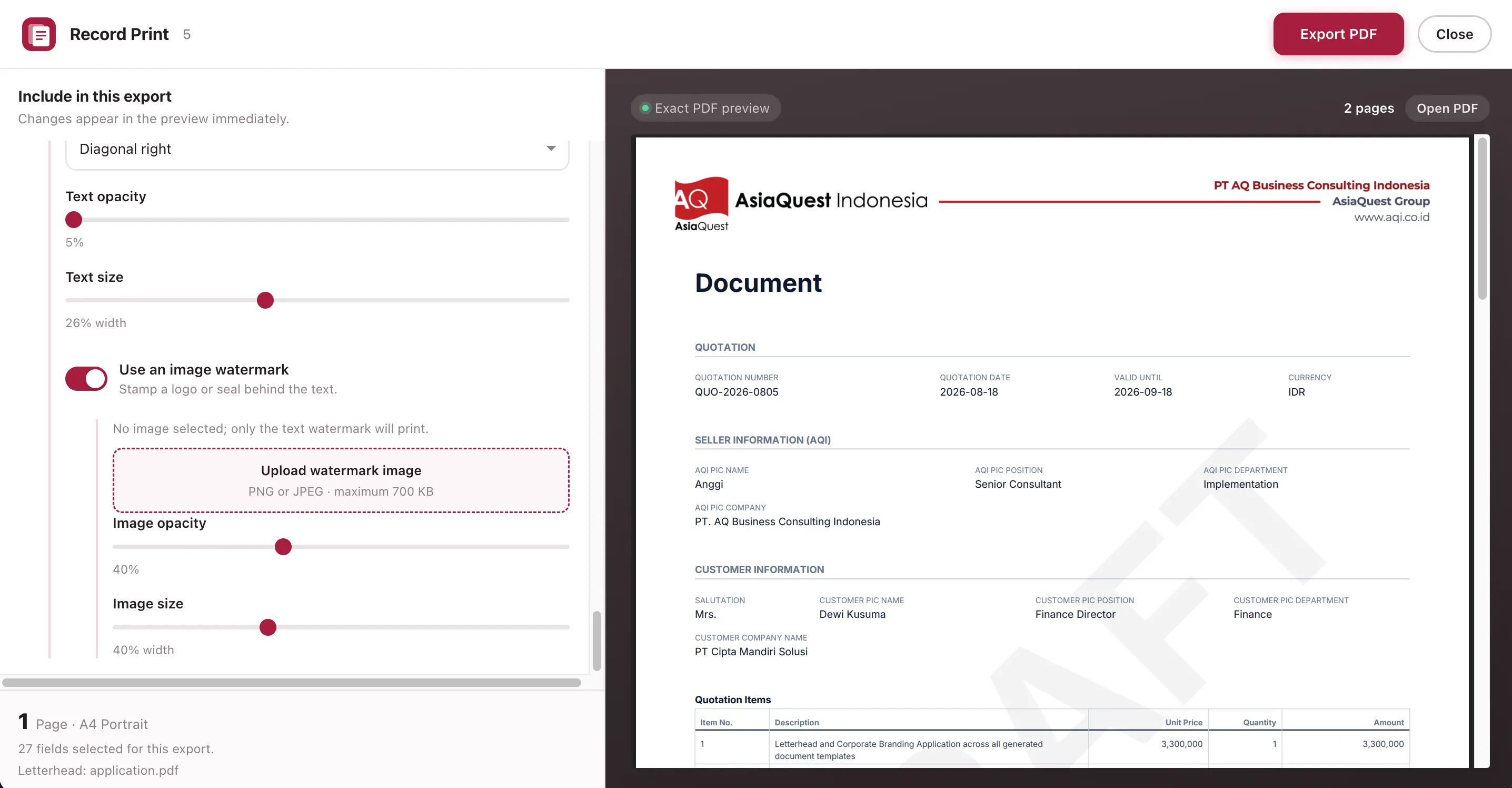 Watermark image options with opacity and size sliders beside the exact PDF preview